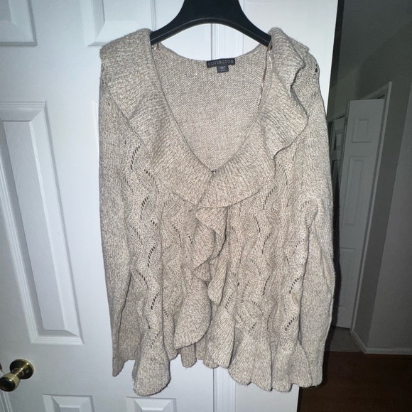 Covington Open Front Ruffle Cardigan Sweater Oatmeal Tan Beige Knit XL Preowned - Picture 11 of 14